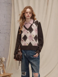 Unifree | Vintage Knit Sweater Checkered Bow Spurs Embroidery Padded