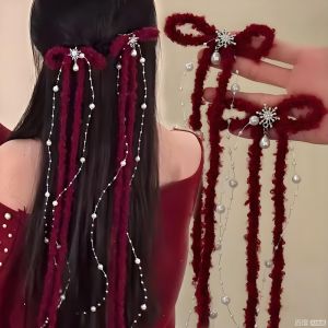 4PCS Christmas Velvet Ribbon Bow Hairpins Girls Kids Pearl Tassel Long Hair Clips Barrettes Winter Xmas New Year Hairclip Accessory Headwear