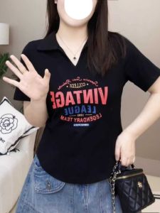 Fashion Slim Looking Letter Print Short-Sleeve T-shirt Plus Size Ladies Plus Size Womens Clothing Summer New Arrival Western Style Youthful-Looking Shoulder Tops