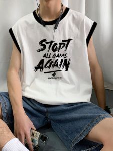 Áo Thun Cotton Nam Mùa Hè Phong Cách Mới Màu Tương Phản Cổ Tròn Không Tay Dáng Rộng Thường Ngày Thời Trang Đường Phố Mỹ