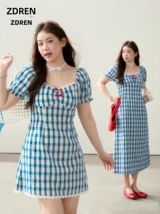 ZHANGDAREN | Đầm Ôm Dáng Plus Size Phong Cách Retro Pháp Elegent Chống Lão Hóa Họa Tiết Caro