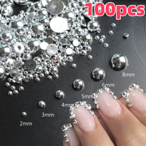 100pcs 2-8mm Silver Half Round Pearls Nail Art Rhinestones Resin Semicircle Pearl Nail Charms DIY Manicure Tip Design Decoration