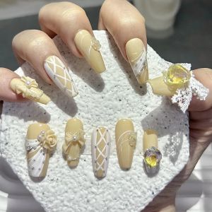 10pcs 3D Yellow Rose Bow Yellow Handmade Press On Nails Lace Bow Pearls Love Diamonds Fake Nails Elegant Cute Ballet Nail Art