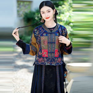 Vintage Thêu Phong Cách Dân Tộc Áo Ngắn Cho Nữ Dáng Rộng Vải Lanh Cotton Pha Cổ Chữ V Hàng Đầu Cho Mùa Thu