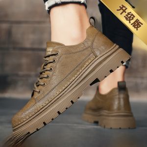 รองเท้าบู๊ตมาร์ตินหนังแท้สำหรับผู้ชาย ทรงลำลอง ฤดูหนาว สไตล์อังกฤษ รองเท้าทำงาน ทรงหุ้มข้อต่ำ สีดำ รองเท้าบู๊ตมาร์ตินแบบสวมสบาย