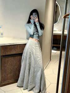 VKSOD | Elegant Blue Long Sleeve T-Shirt Top Womens High Waist Mini Skirt Two-Piece Set Summer Design Sense High Waist Round Neck T-Shirt