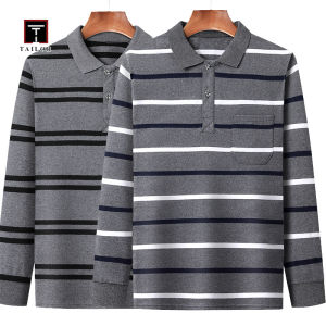 TAILOR (with Pockets)middle Aged Mens Long Sleeved T-shirt Spring And Autumn Large Collar Loose Polo Shirt
