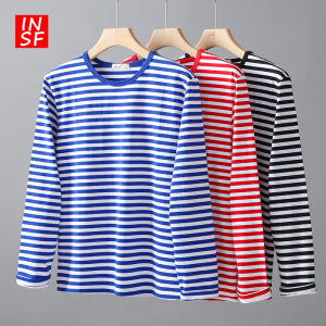INSF | Áo Thun Dài Tay Cotton Cổ Tròn Sọc Xanh và Trắng Đào Tạo