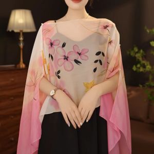 Fashionable Versatile Travel Photography Sun Protection Shawl Summer Floral Print Chiffon Womens Scarf Multi-Functional Long Rectangle