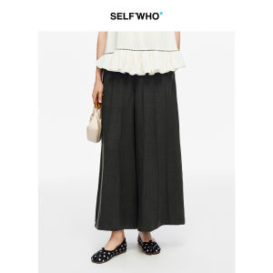 Linen-blend Wide-leg Pleated Elastic Waist Capri Pants