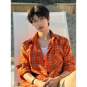 CHENMU | Dopamine Orange Check Shirt For Men Summer Casual Loose Fit Lightweight Sun Protection