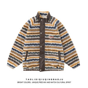 เสื้อกันหนาวบุใยฝ้ายขนแกะคอตั้งลายทางแบบปะต่อสไตล์ชนเผ่าแนววินเทจสำหรับผู้หญิงเสื้อกันหนาวบุใยฝ้ายบุขนกำมะหยี่หนาพิเศษกันหนาวแฟชั่นสำหรับฤดูหนาว