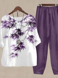 Bamboo Split Sleeve Long Pants Shirt Set Womens Casual Sportswear Seven-Foot-Sleeve round Neck Polyester Two-Piece Suit