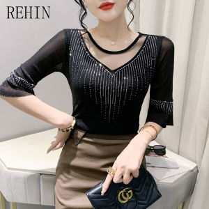 REHIN New mesh fashion trumpet sleeves hollow hot drill versatile thin 3/4 sleeve short sleeve T-shirt trendy women blouse