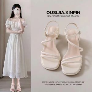 Elegant Ladies Leather Sandals Summer Fairy Style Thick Heel Open Toe for Skirts Strappy Fashionable Low Cut Rubber Outsole