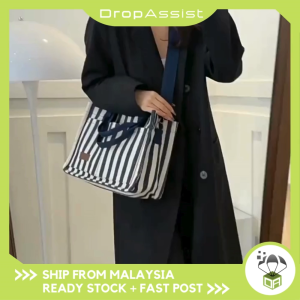 DROPASSIST 2200 Women Canvas Striped Shoulder Tote Handbag Large Capacity Beg Tangan Wanita