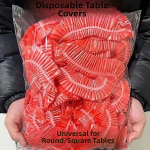 Thickened Disposable Tablecloth Elastic Drawstring Home Use Transparent Red for Banquet Wedding Restaurant Dinner Party