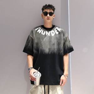Extra Large 300 Pounds Pure Cotton Gradient Color Short Sleeve T-Shirt Mens Fashion Brand Letter Print Cool Top Summer Wear