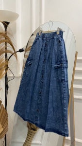 Meltz.id - Bawahan Rok Jeans Cargo Panjang Anak Perempuan Kancing Tengah Umur 10 - 14 Tahun