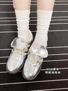 Womens Lolita Socks Transparent Mesh Hollowed Out White Pile Stocking JK Silk Retro Flower Breathable Crew Socks Woman