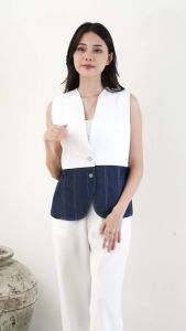 QUEENTIN Vest Wanita Kombinasi Twill Bellano Polos Denim Chambray Tanpa Lengan