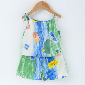 Summer New Arrival Kids Cotton Silk Two-Piece Set Thin Strap Baby Cotton Rayon Floral Print Girls Clothing Korean Style Outfit