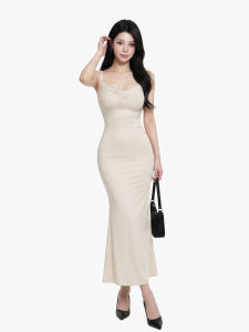 qiaocong | French Style Lace Splicing Waist Cinching Pencil Maxi Dress