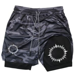 Circular Pattern Print 2 in 1 Gym Workout Shorts for Men Quick Dry Stretchy Athletic Compression Shorts Fitness Running Jogging