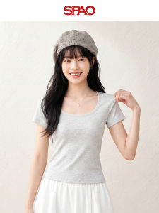 spao | Slim Fit Grey U-neck Short Sleeve T-Shirt for Women