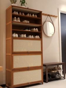 ตู้เก็บตู้รองเท้า ตู้ใส่รองเท้า ตู้เก็บรองเท้าตู้วางรองเท้าประตูที่ระบายอากาศ ชั้นวางรองเท้าลิ้นชักบานประตูพับ ตู้รองเท้าไม้ไผ่กันฝุ่น shoe cabinet