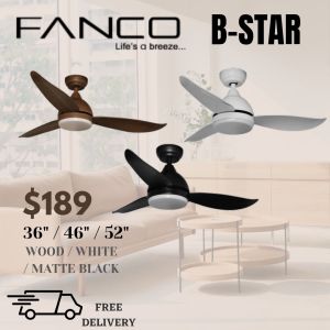(Special installation promo) Fanco Bstar ceiling fan with light 36/46/52 inch dc motor with 3 tone led light and remote control black wood white cheapest ceiling fan with local warranty installation delivery