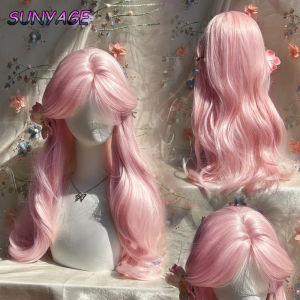 SUNYAGE Ashely Pink Wig for Women Long Wavy Cosplay Wigs Natural Soft Sweet Synthetic Wig for Daily Use School Life Lolita Wig P