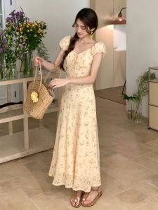 Kming | Váy midi màu vàng họa tiết hoa mùa hè 2025 Váy nữ dáng chữ A cạp cao xếp nếp dài đẹp mắt Váy nữ Kming phong cách ngọt ngào