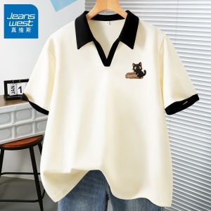 Jeanswest Pure Cotton Polo Shirt Short Sleeve Turn-down Collar T-shirt Womens New Summer Fashion Shoulder-Length Top