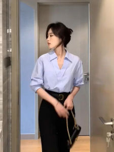 French Elegant Blue V-neck Shirt Women Summer New Loose Casual Shirt Commute Professional Interview Polyester Fiber Short Sleeve