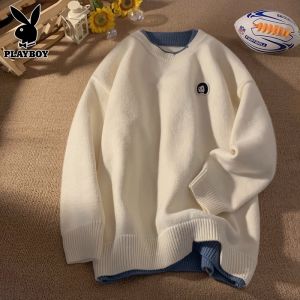 Playboy Fake Two Pieces Sweaters Men Fall and Winter American Retro Trendy round Neck Loose Knitting Bottoming Shirt for Men