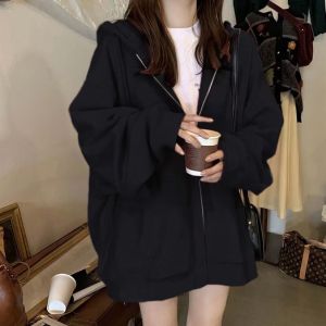 Loose Womens Hoodie 2025 Spring New Style Chic Fleece-Lined Black Lazy Style Korean Version Casual Comfortable Top