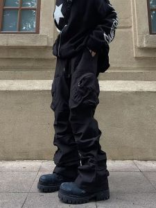 American Style Geometry Splicing Casual Pants Mens Loose Three-dimensional Splicing Pleated Paratrooper Workwear Pants