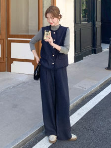 Retro Style Sequin Trim Wide Leg Pants And Vest Set for Women Elegant Vintage Feel Autumn Collection Fashionable Ensemble