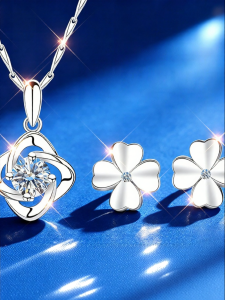 East Beauty | Four Leaf Clover Moissanite Silver Necklace Earrings Set 999 Pure Silver Women Jewelry Birthday Gift