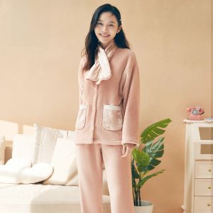 Bộ đồ ngủ nữ LUNILAI lông cừu san hô dài tay cổ tròn