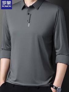 ROMON | Lormen Mens Long Sleeve Polo Shirt Casual Fashionable Business Style Turn-down Collar T-shirt Top For Middle-aged And Elderly