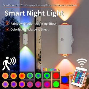 Aitemay 4PCS 16 Colors Motion Sensor Night Light With Remote Control Adsorption Rechargeable RGB Color Dual-Gead Spotlights For Garden Hallway Room Home Lighting Decorations