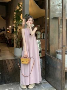 Elegant Sleeveless Backless Hollow out Long Dress Womens Loose Fitting Summer Vacation Vest Style Korean Version A-Line Skirt