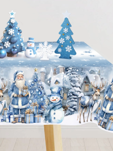 130*220cm Blue Plastic Table Cloth Cartoon Santa Claus Snowflake Table Cover Disposable Kitchen Dining Table Decor 2026 Christmas Decorations for Home