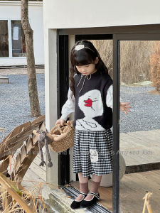 Amy Spring New Cartoon Knitted Sweater Set for Girls with Base Shirt And Plaid Mini Skirt Cute Style Three-piece Childrens Outfit