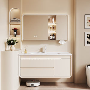 DIPURUI | Creamy Style Ceramic Sink Oak Bathroom Cabinet