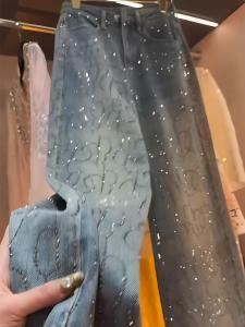 Blue Heavy Embellished Denim Jeans Womens High Waist Straight Leg Loose Fit Fashionable Slimming Spring Summer New Arrival