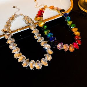 Colorful Rhinestone Crystal Necklace For Women Luxury Fashion Water Drop Choker Necklaces For Party Wedding Bridal Jewelry K0