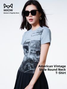 miiow | American Style Cat Person Round Neck Short Sleeve T-Shirt Casual Vintage Print Top For Women Summer Moisture Wicking Slim Fit